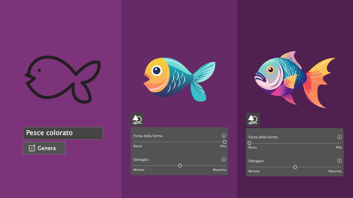 Profilo di un pesce con un prompt, un riempimento con Forza della forma impostata su Stretta e un riempimento con Forza della forma impostata su Larga.