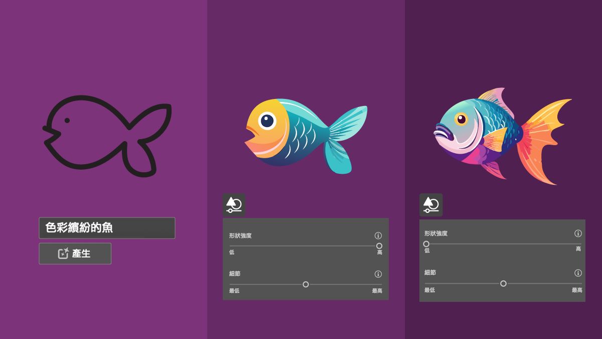 以提示產生魚的外框，「形狀強度」設為「緊密」的填色結果，「形狀強度」設為「鬆散」的填色結果。
