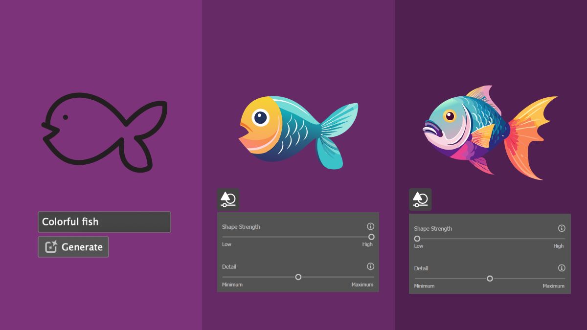 קווי מתאר של דג עם הנחיה, מילוי באמצעות האפשרות Shape Strength שמוגדרת ל-Tight, ומילוי באמצעות באפשרות Shape Strength שמוגדרת ל-Loose.