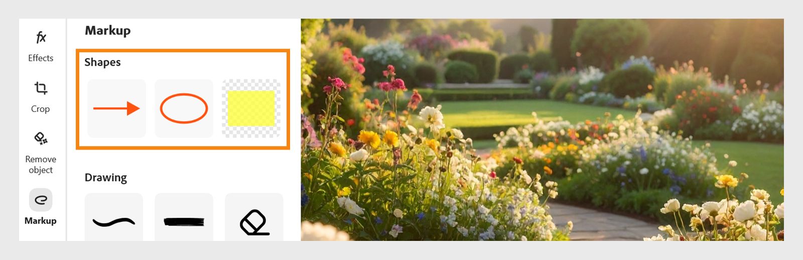 이미지에 적용할 모양 옵션(화살표, 타원, 사각형)이 표시된 Adobe Express Photos 앱의 마크업 패널