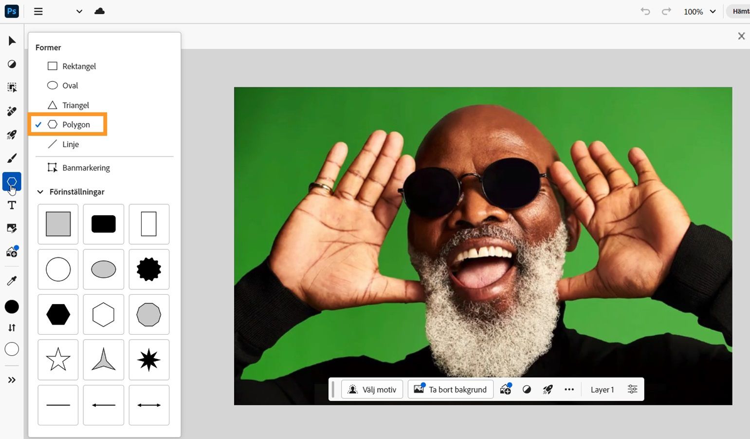 Startskärmen på Photoshop på webben visas och panelen för verktyget Former öppnas med olika typer av former och förinställningar som är tillgängliga för att förbättra dina designer.