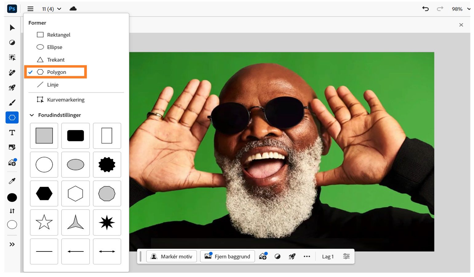Startskærmen i Photoshop på internettet vises, og panelet med formværktøjer åbnes, så der vises forskellige typer former og forudindstillinger, der kan forbedre dine design.