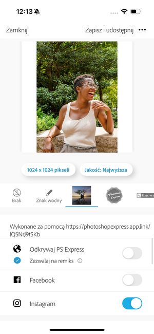 Włącz przełącznik obok opcji Instagram, aby udostępnić zdjęcie na Instagramie. 