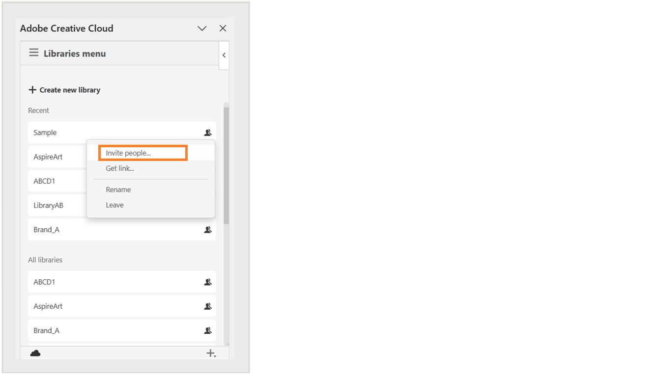In het rechterdeelvenster van de interface navigeert de gebruiker naar een specifieke bibliotheek, klikt erop met de rechtermuisknop en selecteert de eerste optie, 'Personen uitnodigen', in het contextmenu dat verschijnt.