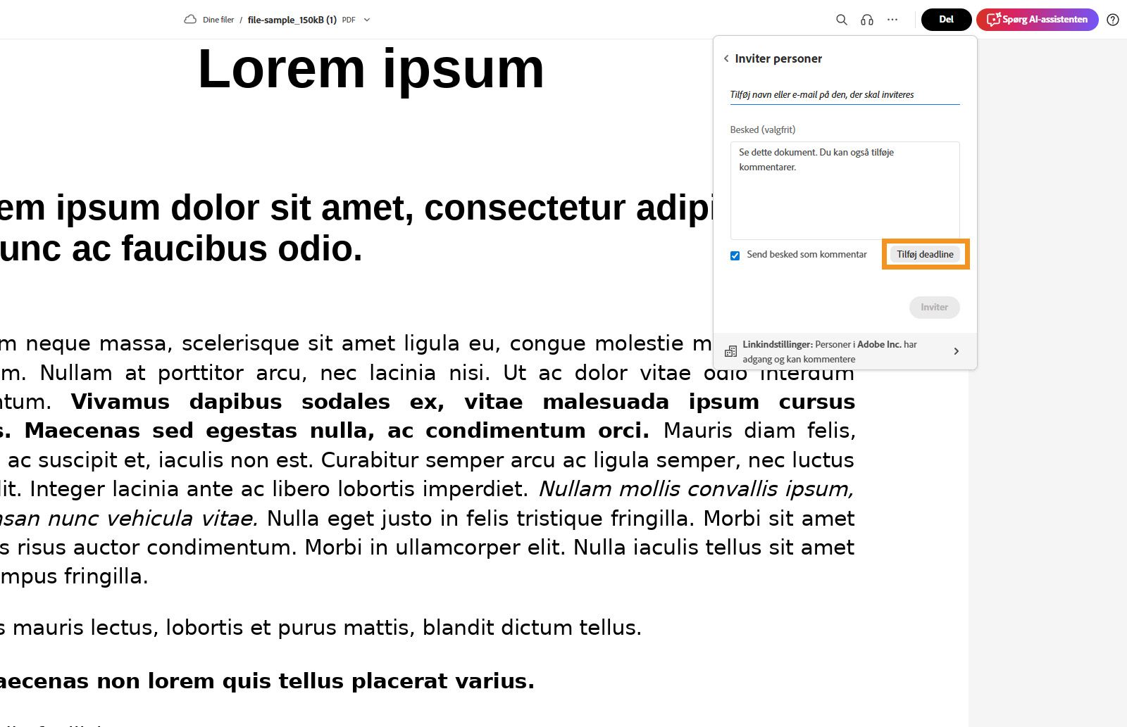 Når et dokument er åbent i Acrobat, viser dialogboksen Inviter medlemmer med muligheden "Tilføj deadline" fremhævet i orange.