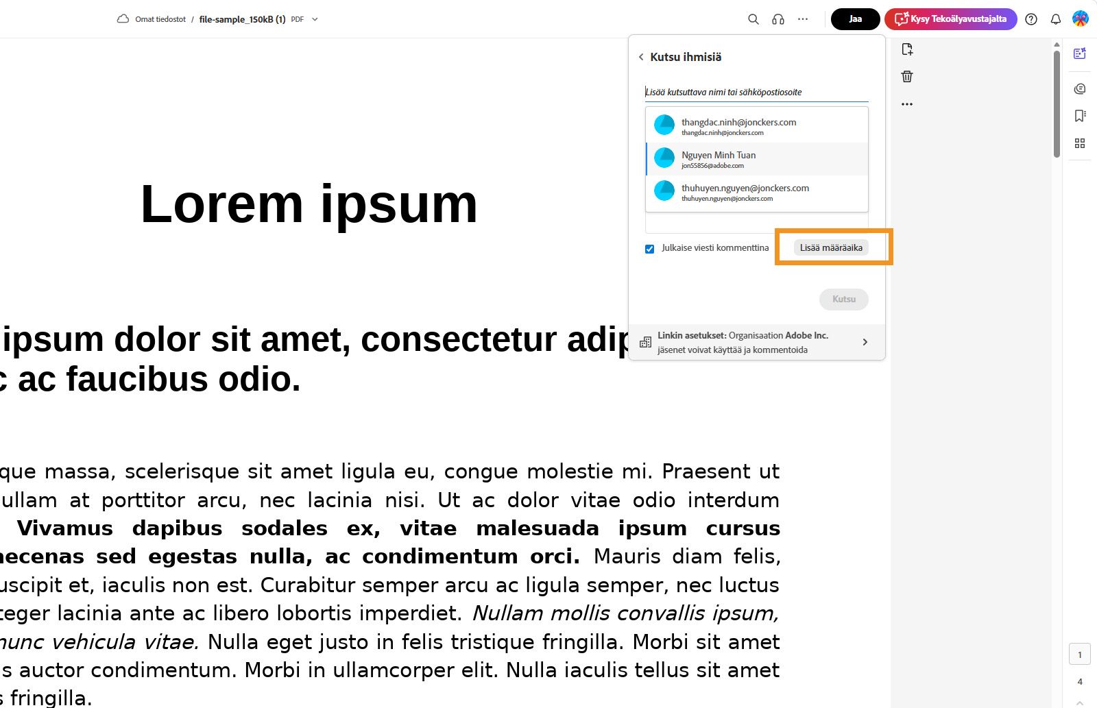 Asiakirjan avausnäkymä Acrobatissa näyttää Kutsu jäseniä -valintaikkunan, jossa 'Lisää määräaika' -vaihtoehto on korostettu oranssilla.