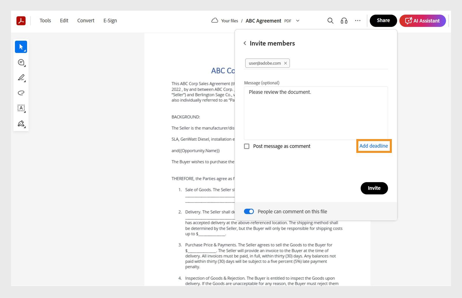 Nagpapakita ang document open view sa Acrobat ng Invite members dialog na may option na 'Add deadline' na naka-highlight nang orange.