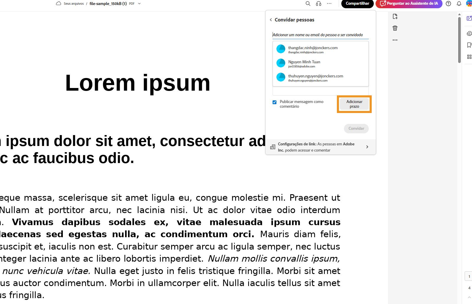 A visualização de documento aberto no Acrobat mostra uma caixa de diálogo Convidar membros com a opção 'Adicionar prazo' destacada em laranja.