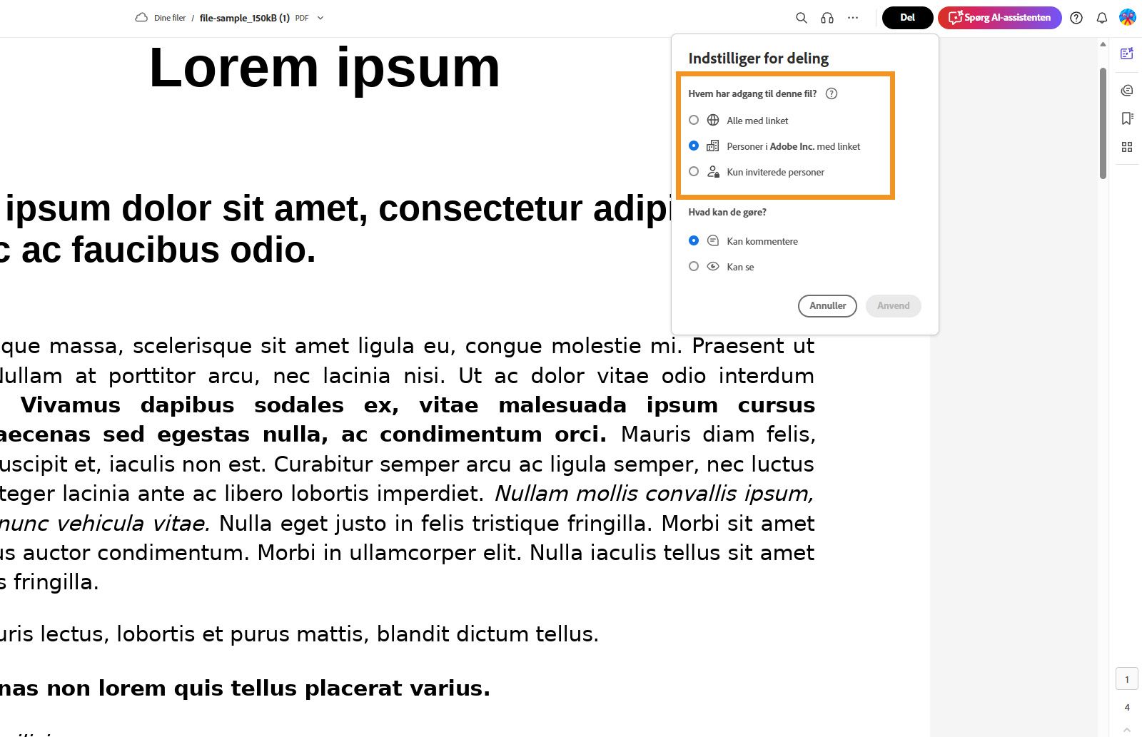 Når et dokument er åbent i Acrobat, vises dialogboksen "Afsendelsesindstillinger" med mulighed for at angive brugerdefinerede delingsindstillinger og knappen Anvend.