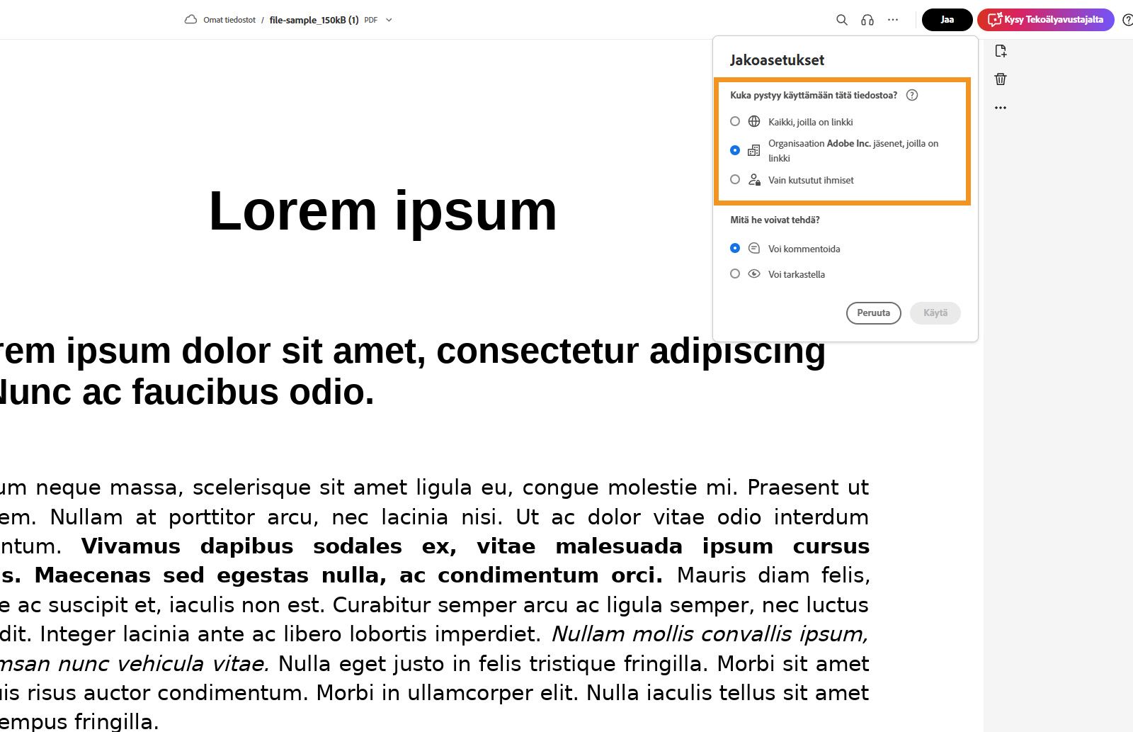 Asiakirjan avausnäkymä Acrobatissa näyttää Lähetysasetukset-valintaikkunan, jossa on vaihtoehtoja jakamisasetusten mukauttamiseen ja Käytä-painike.