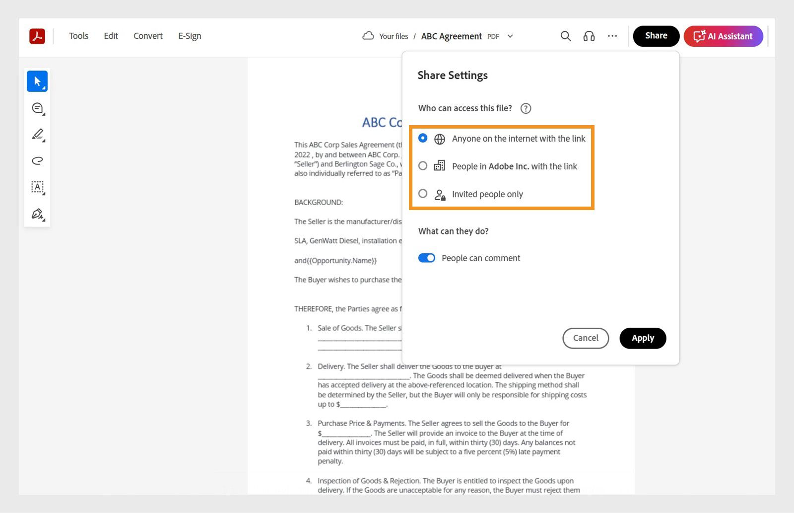 Nagpapakita ang document open view sa Acrobat ng 'Send settings' dialog na may mga option para mag-set ng mga custom share setting at Apply button.