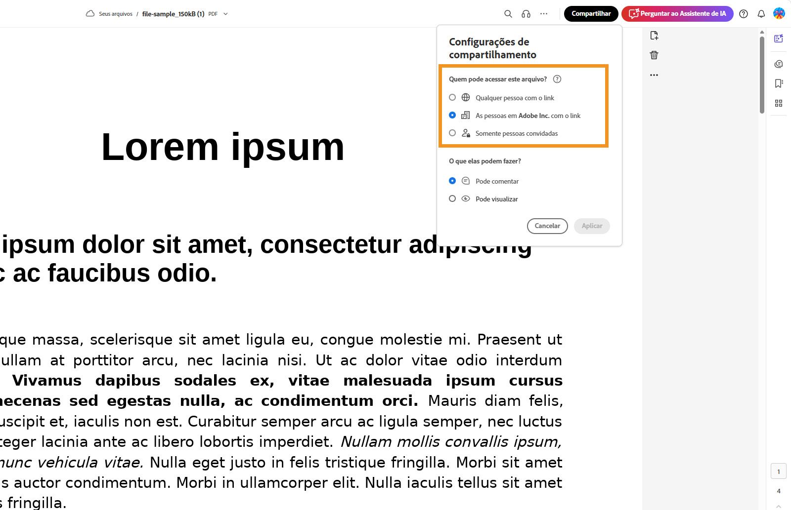 A exibição de abertura do documento no Acrobat mostra a caixa de diálogo “Configurações de envio” com opções para definir configurações de compartilhamento personalizadas e o botão Aplicar.