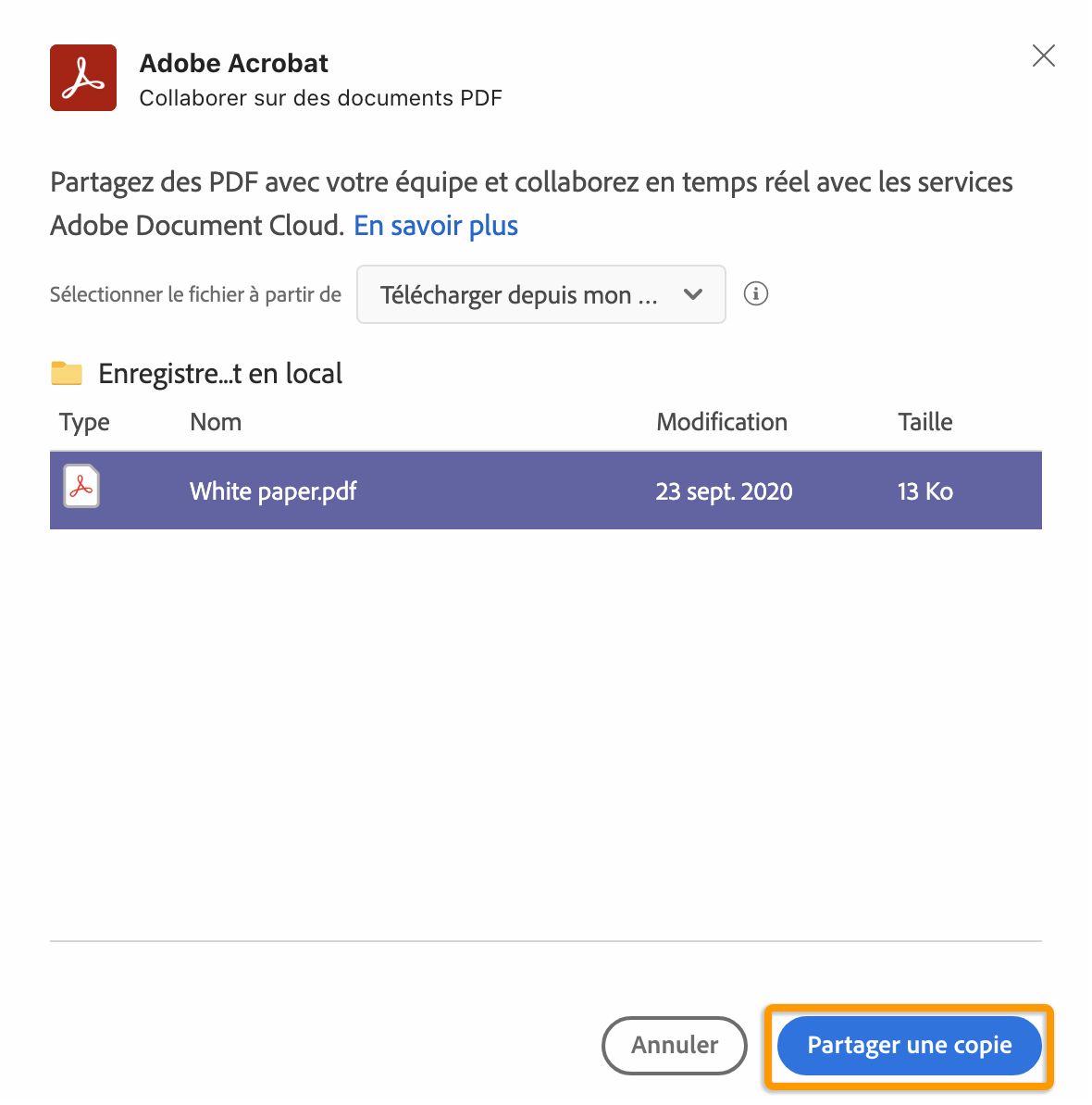 Partage d’une copie de votre PDF importée depuis Document Cloud