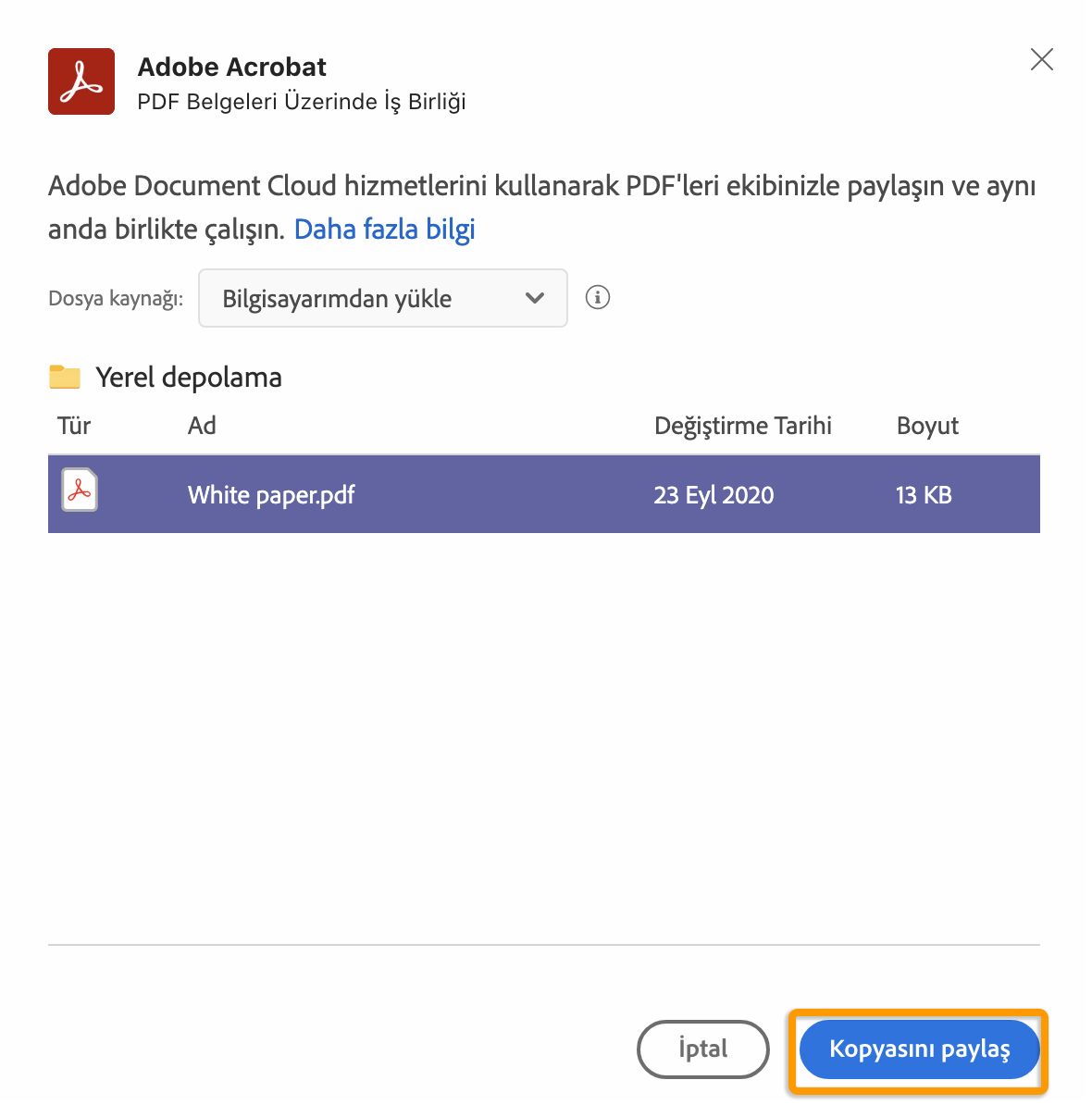 Document Cloud'dan içe aktarılan PDF'nin kopyasını paylaşma