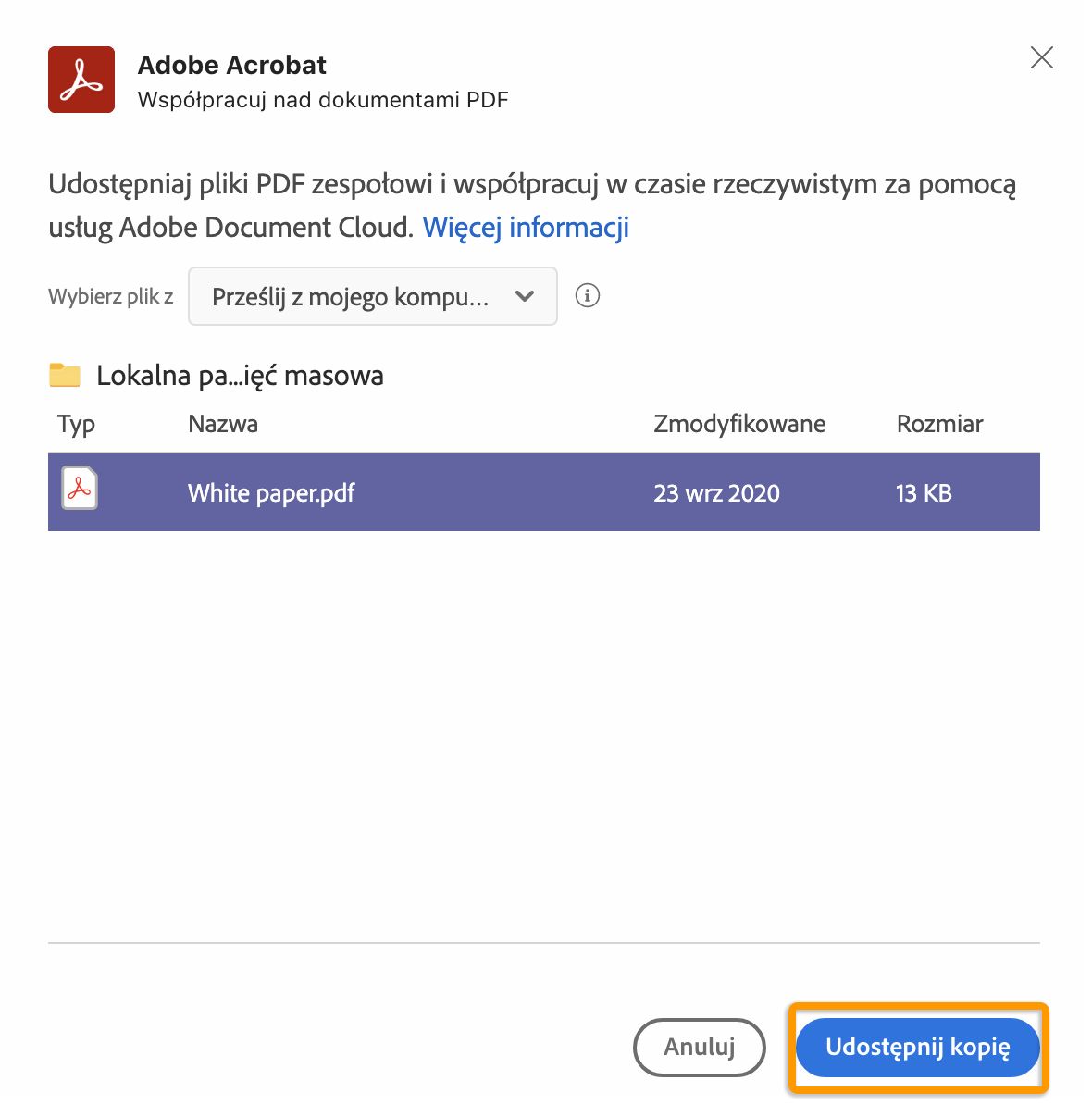 Udostępnianie kopii pliku PDF zaimportowanego z usługi Document Cloud