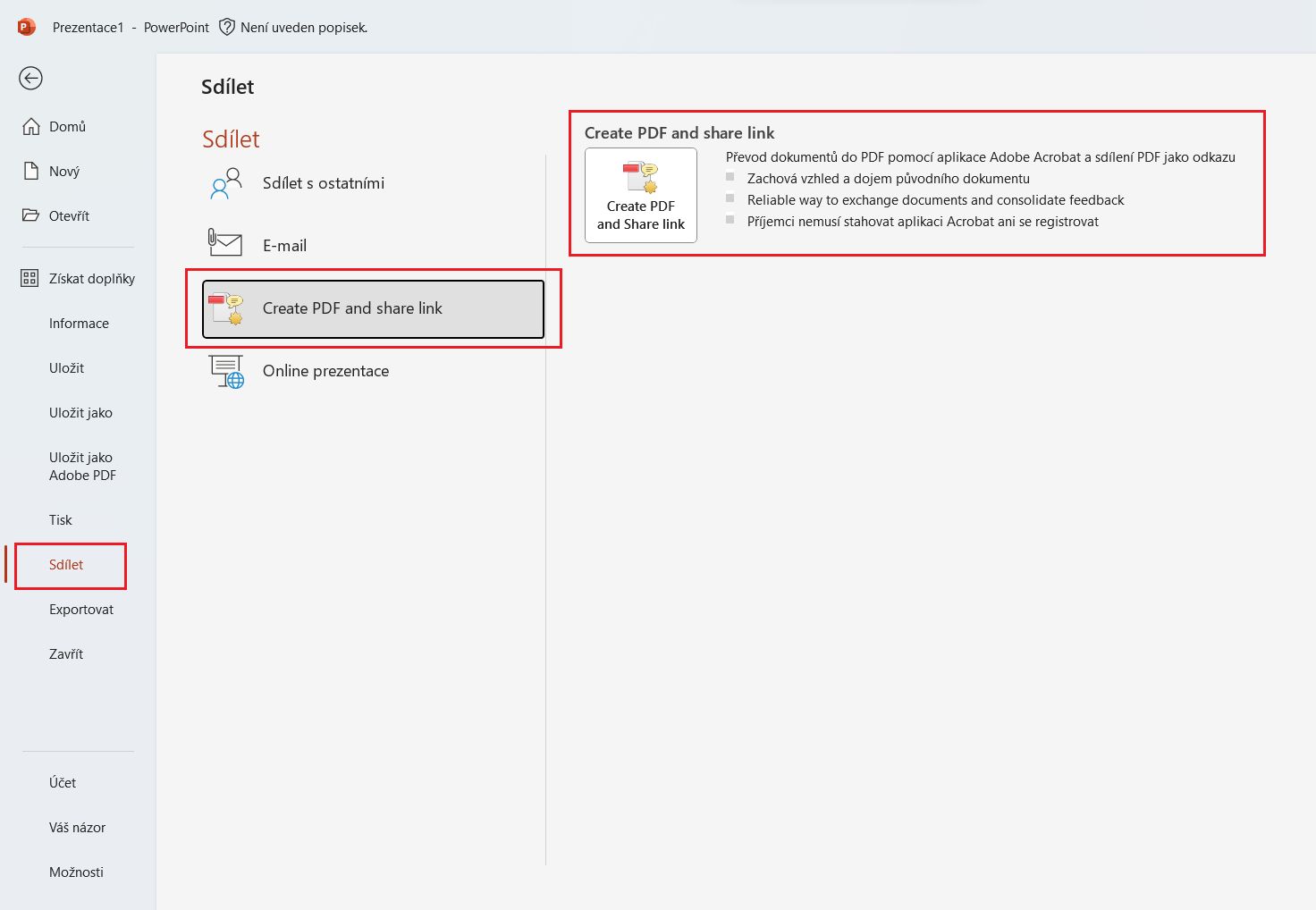 Odeslat Adobe PDF k recenzi v aplikaci PowerPoint