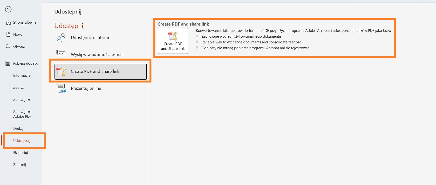 Wysyłanie pliku Adobe PDF do recenzji w programie PowerPoint