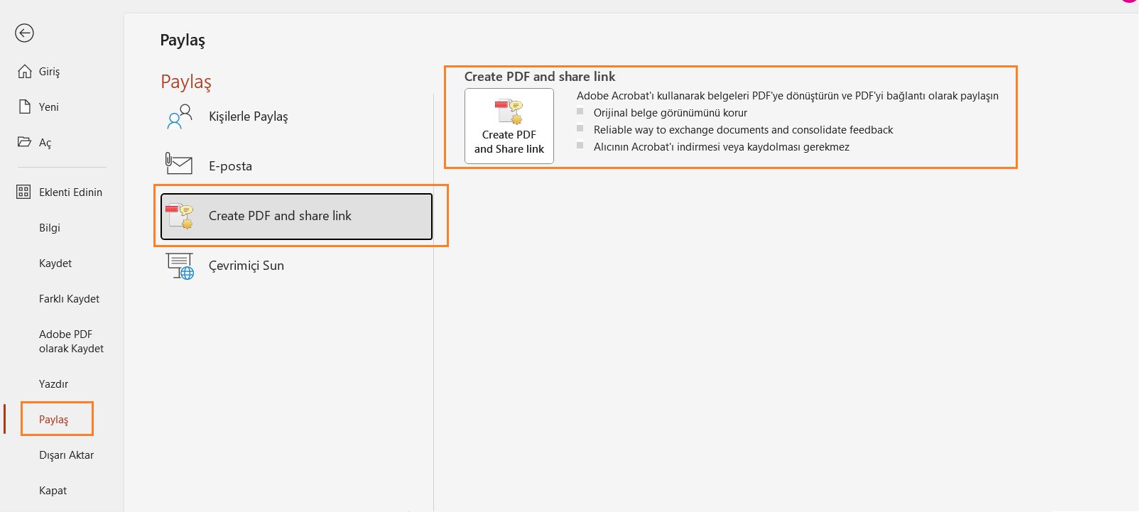 PowerPoint'te Adobe PDF'yi İnceleme için Gönderme
