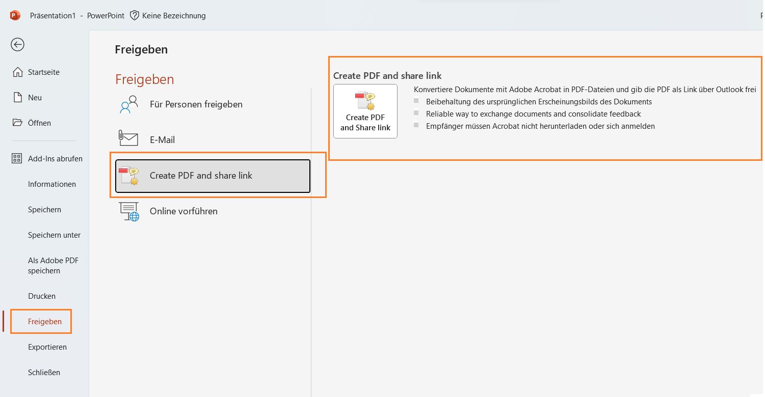 Adobe PDF-Datei zur Überprüfung senden (in PowerPoint)