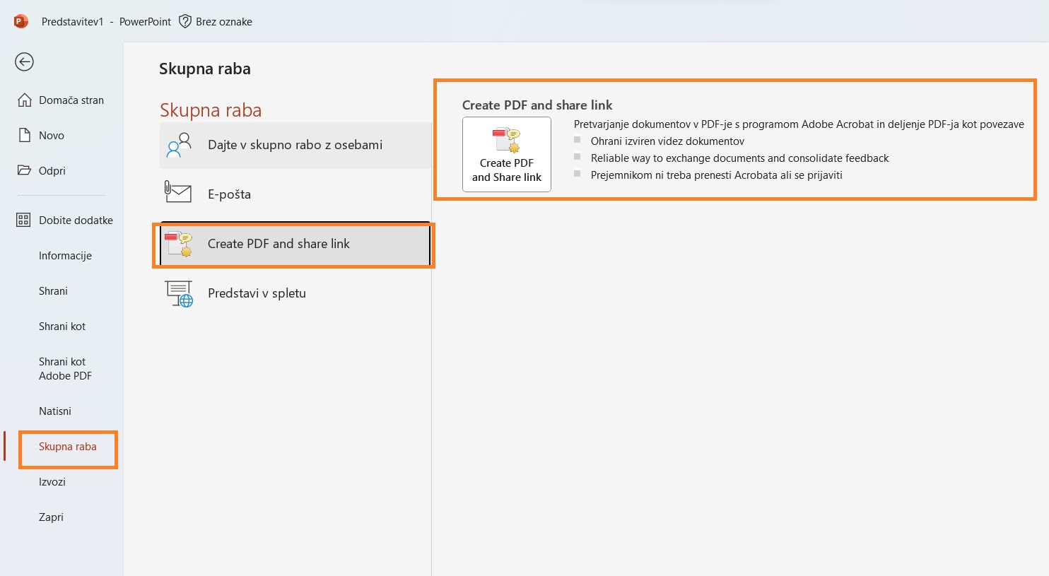 Pošiljanje Adobe PDF-ja v pregled v PowerPointu