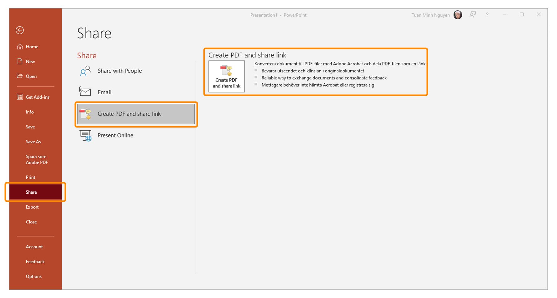 Skicka Adobe PDF för granskning i PowerPoint