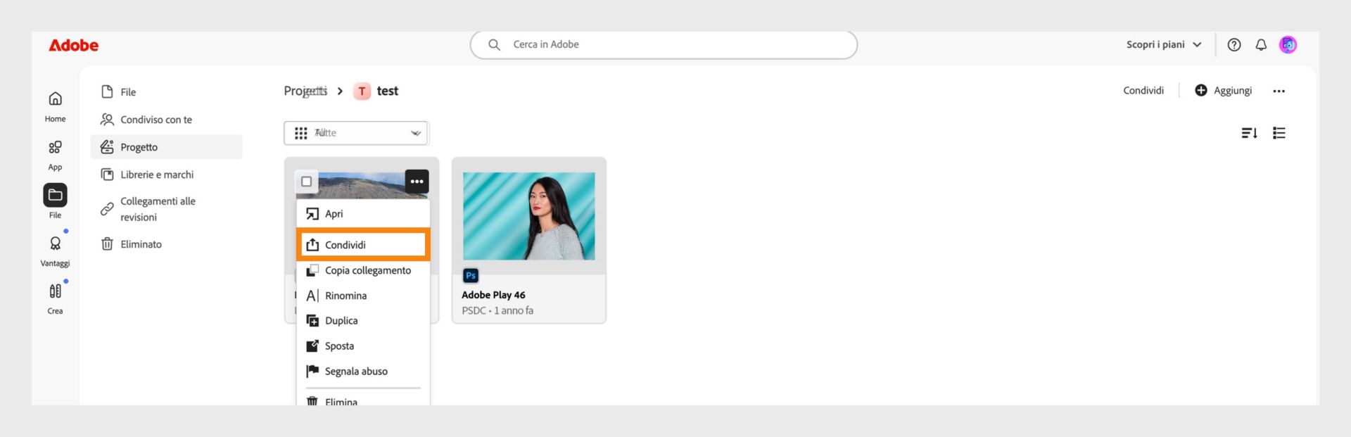 Interfaccia di Adobe che mostra un elenco di progetti. Il menu a discesa accanto alla miniatura di un progetto mostra l'opzione "Condividi", indicando dove gli utenti possono gestire le impostazioni di condivisione.