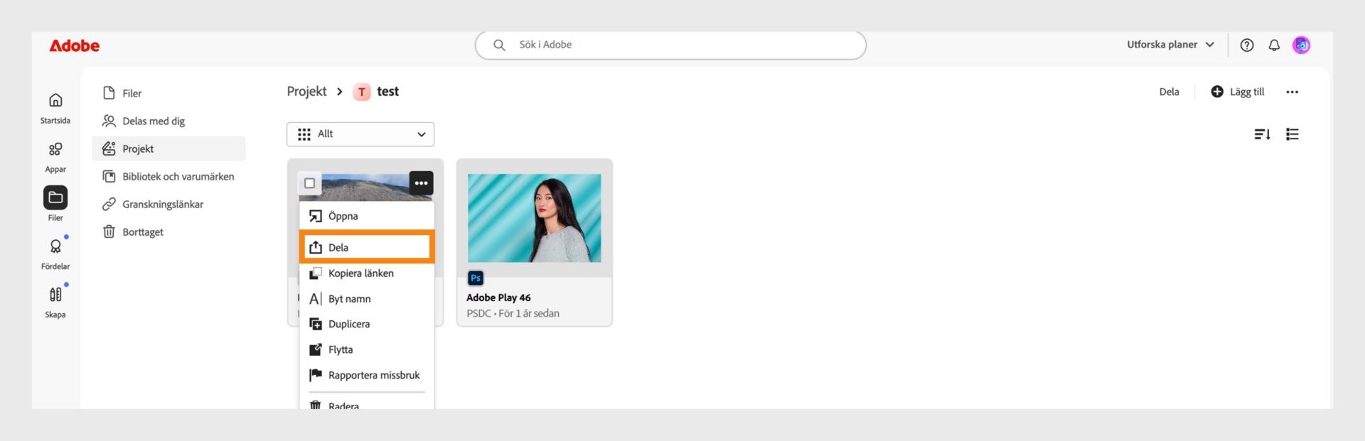 Adobe-gränssnitt som visar en lista över projekt. Rullgardinsmenyn bredvid en projektminiatyrbild visar alternativet "Dela", vilket indikerar var användare kan hantera delningsinställningar.