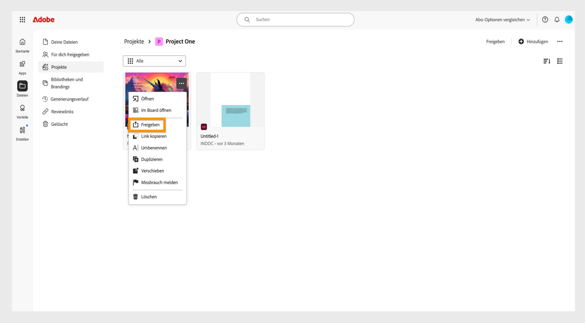 Adobe-Oberfläche mit einer Liste von Projekten. Benutzer können die Freigabeeinstellungen über die Option „Freigeben“ im Dropdown-Menü neben der Projektminiaturansicht verwalten.