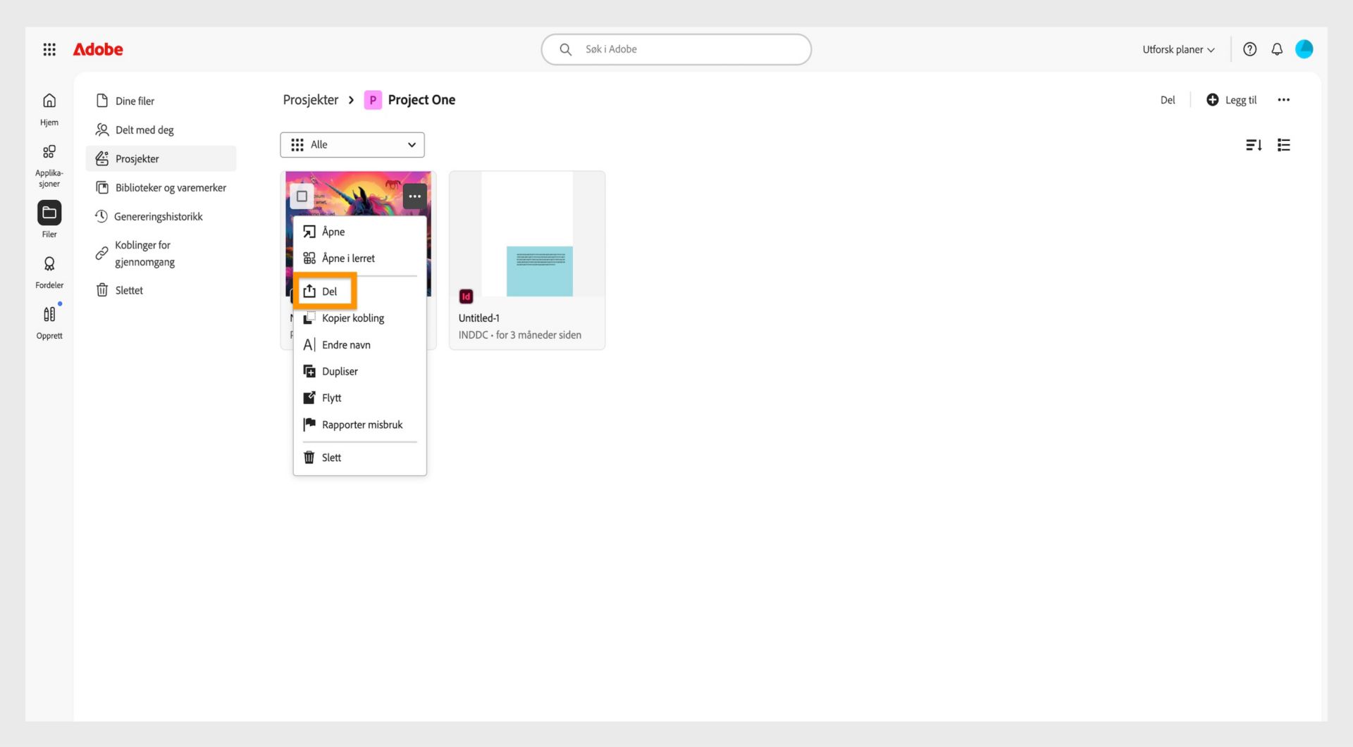 Adobe-grensesnitt som viser en liste over prosjekter. Rullegardinmenyen ved siden av et prosjektminiatyrbilde viser alternativet "Del", som indikerer hvor brukere kan administrere delingsinnstillinger.