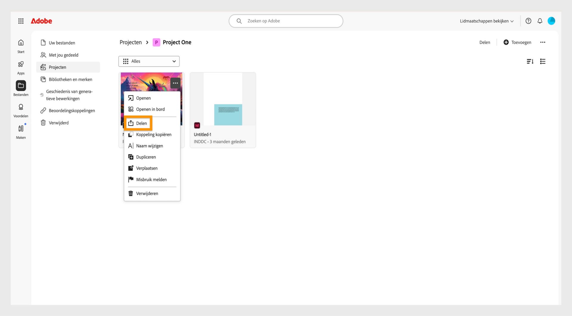 Adobe-interface met een lijst van projecten. Het vervolgkeuzemenu naast een projectminiatuur toont de optie 'Delen', wat aangeeft waar gebruikers de deelinstellingen kunnen beheren.