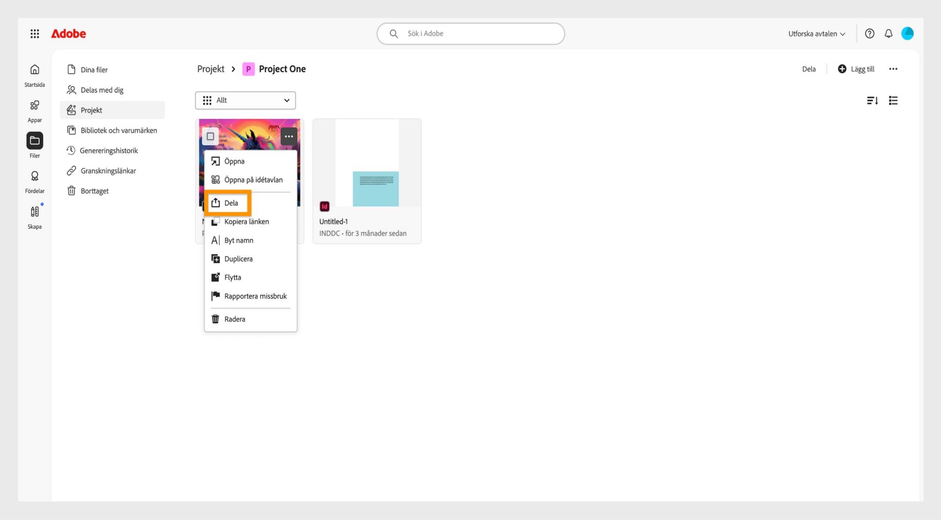 Adobe-gränssnitt som visar en lista över projekt. Rullgardinsmenyn bredvid en projektminiatyrbild visar alternativet "Dela", vilket indikerar var användare kan hantera delningsinställningar.