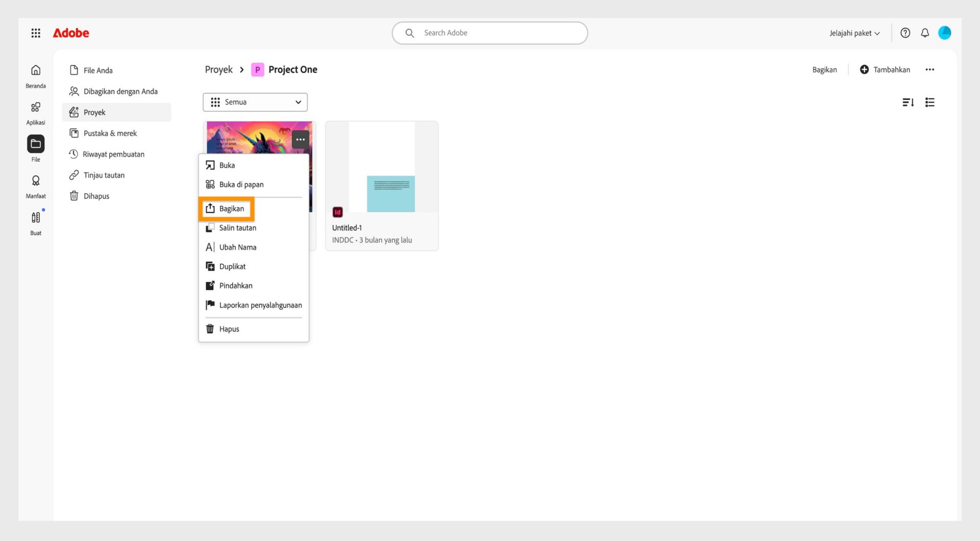 Antarmuka Adobe yang menampilkan daftar Proyek. Menu tarik-turun di samping gambar mini proyek menampilkan opsi 'Bagikan', menunjukkan tempat pengguna dapat mengelola pengaturan berbagi.