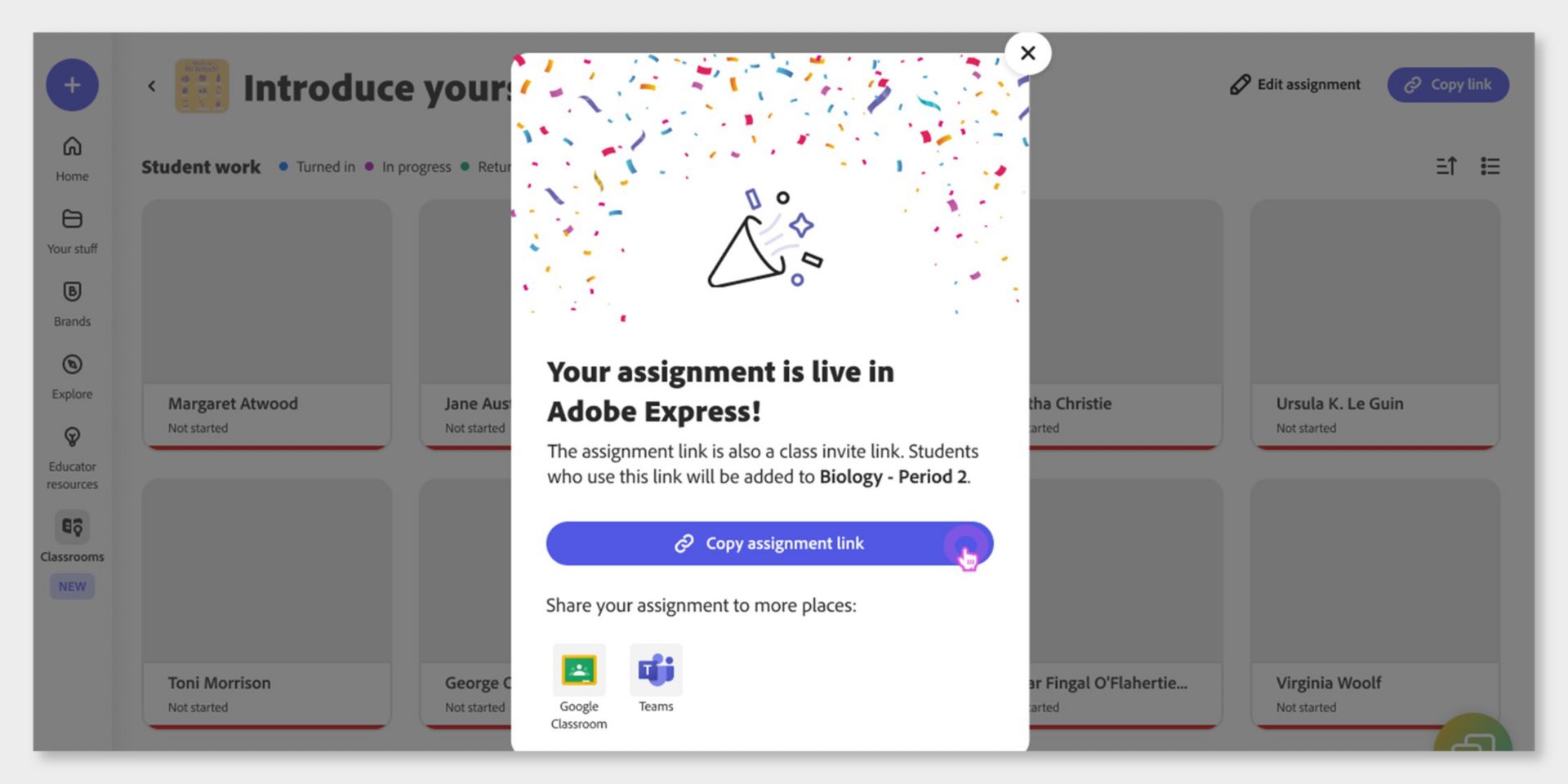    Een dialoogvenster is geopend om docenten te informeren dat de opdracht live is in Adobe Express. Er is een knop om de link naar de opdracht te kopiëren, die met leerlingen kan worden gedeeld.