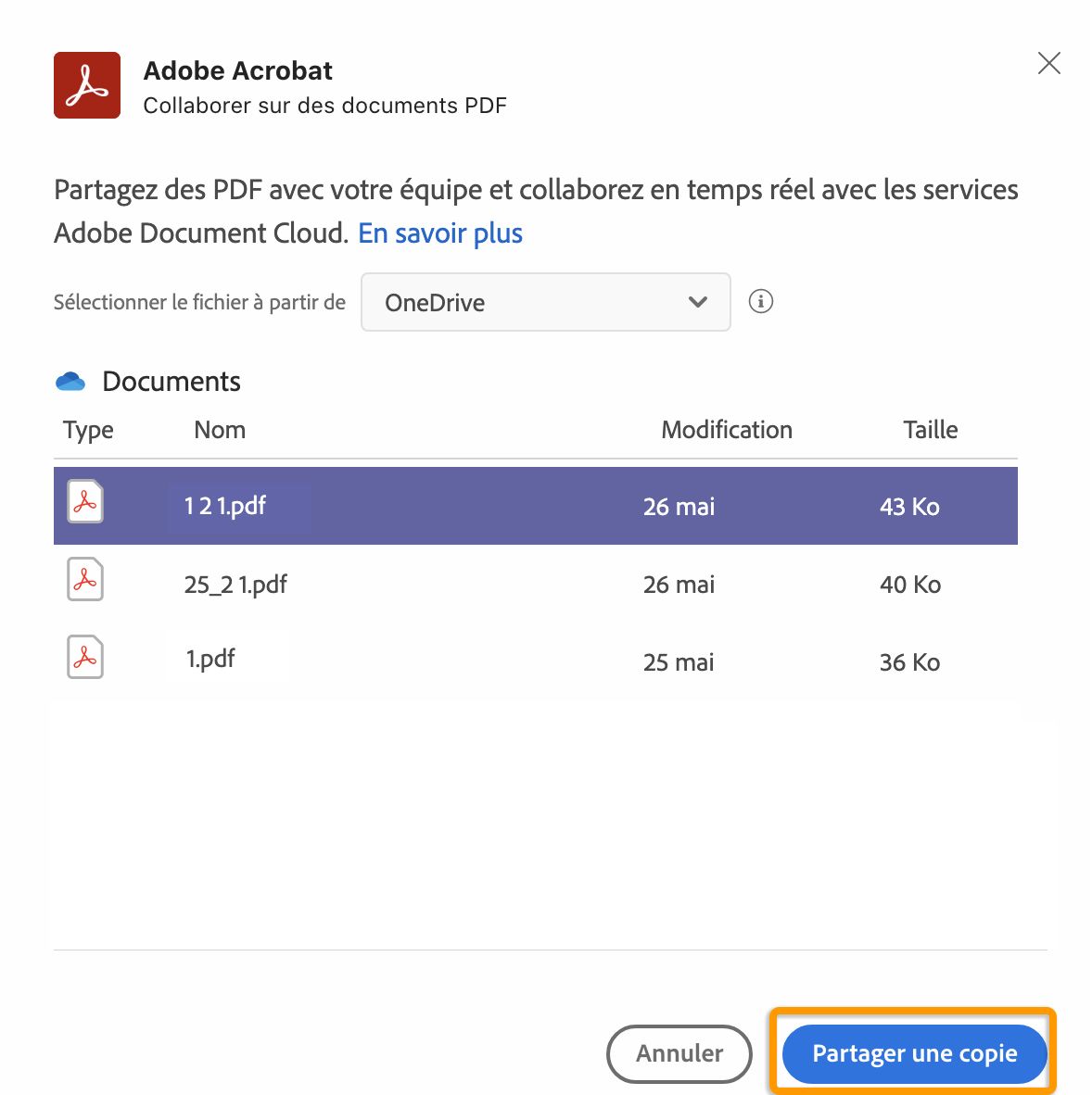 Partage d’une copie de votre PDF importée depuis OneDrive