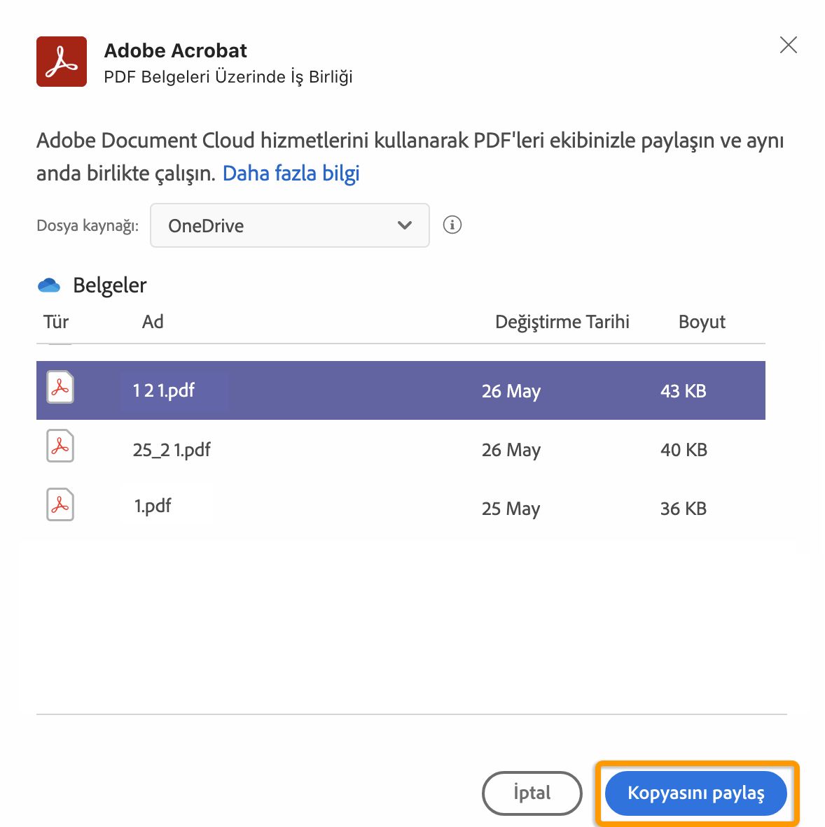 OneDrive'dan içe aktarılan PDF'nin kopyasını paylaşma