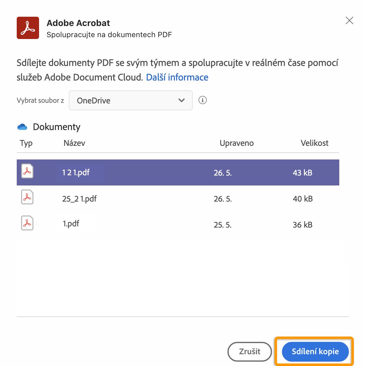 Sdílet kopii souboru PDF importovaného ze služby OneDrive