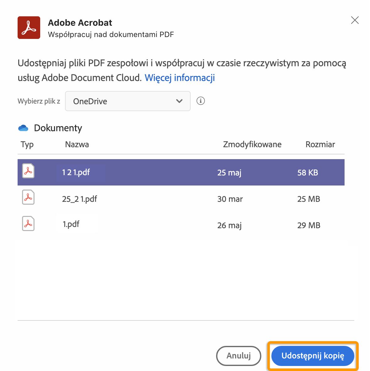 Udostępnianie kopii pliku PDF zaimportowanego z usługi OneDrive