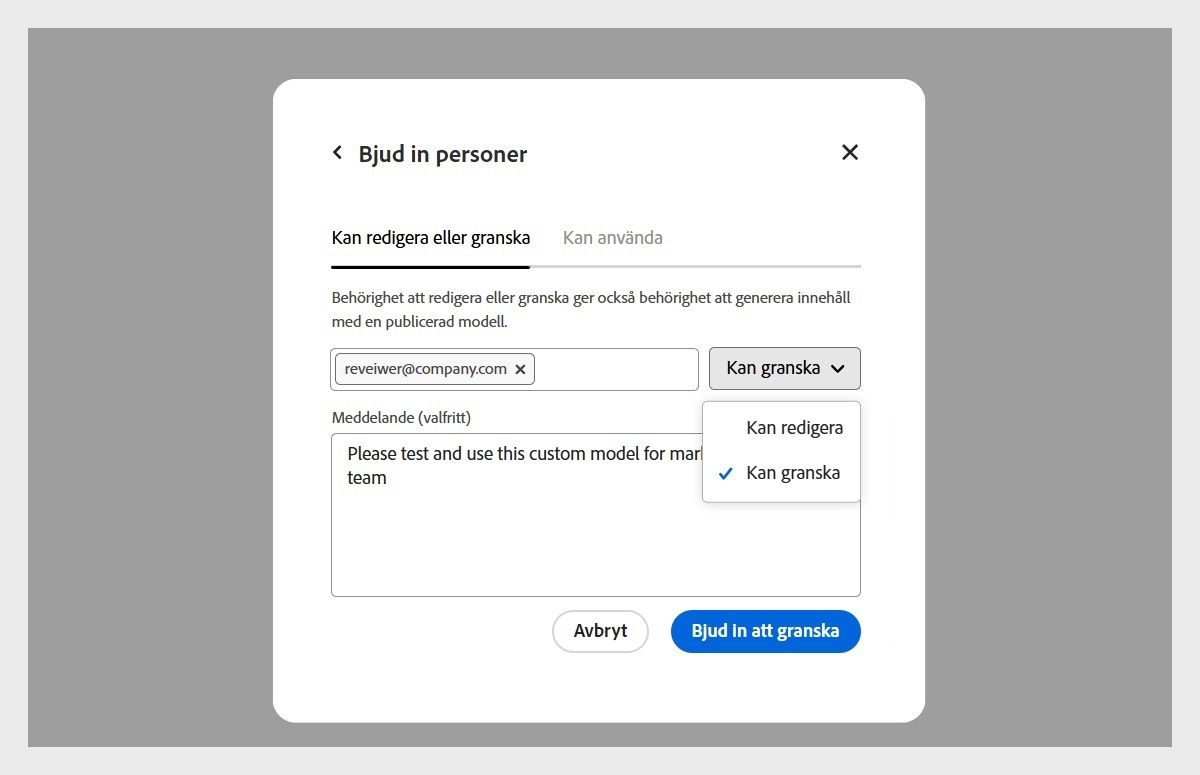 Dialogrutan Bjud in personer är öppen. Under fliken Kan redigera eller granska anges en e-postadress och behörigheten Kan granska väljs.