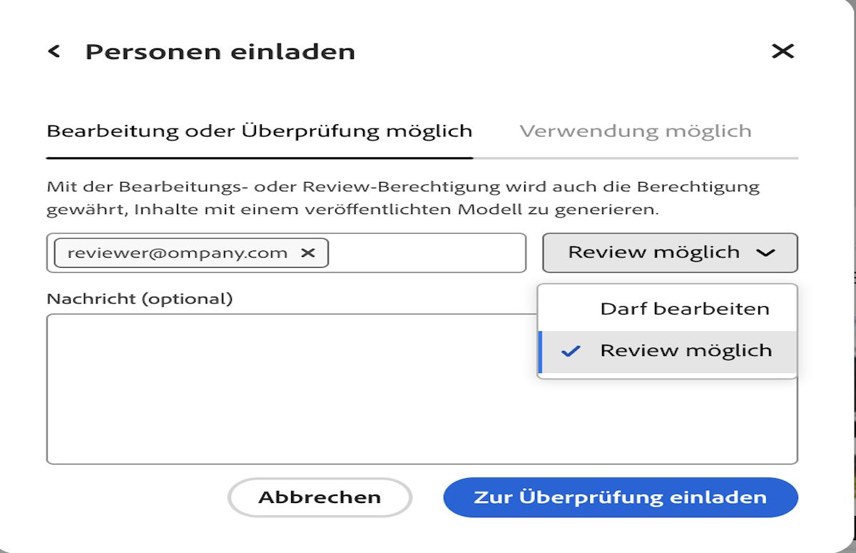 Das Dialogfeld „Personen einladen“ ist geöffnet. Auf der Registerkarte „Kann bearbeiten oder überprüfen“ wurde eine E-Mail-Adresse eingegeben und die Berechtigung „Kann überprüfen“ ausgewählt.