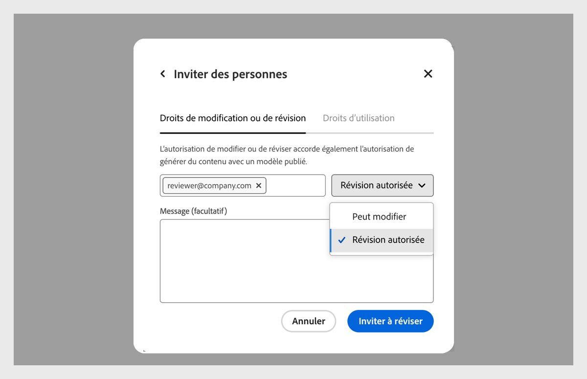 La boîte de dialogue Inviter des personnes est ouverte. Sous l’onglet Droits de modification ou de révision, une adresse e-mail est saisie et l’autorisation Révision autorisée est sélectionnée.