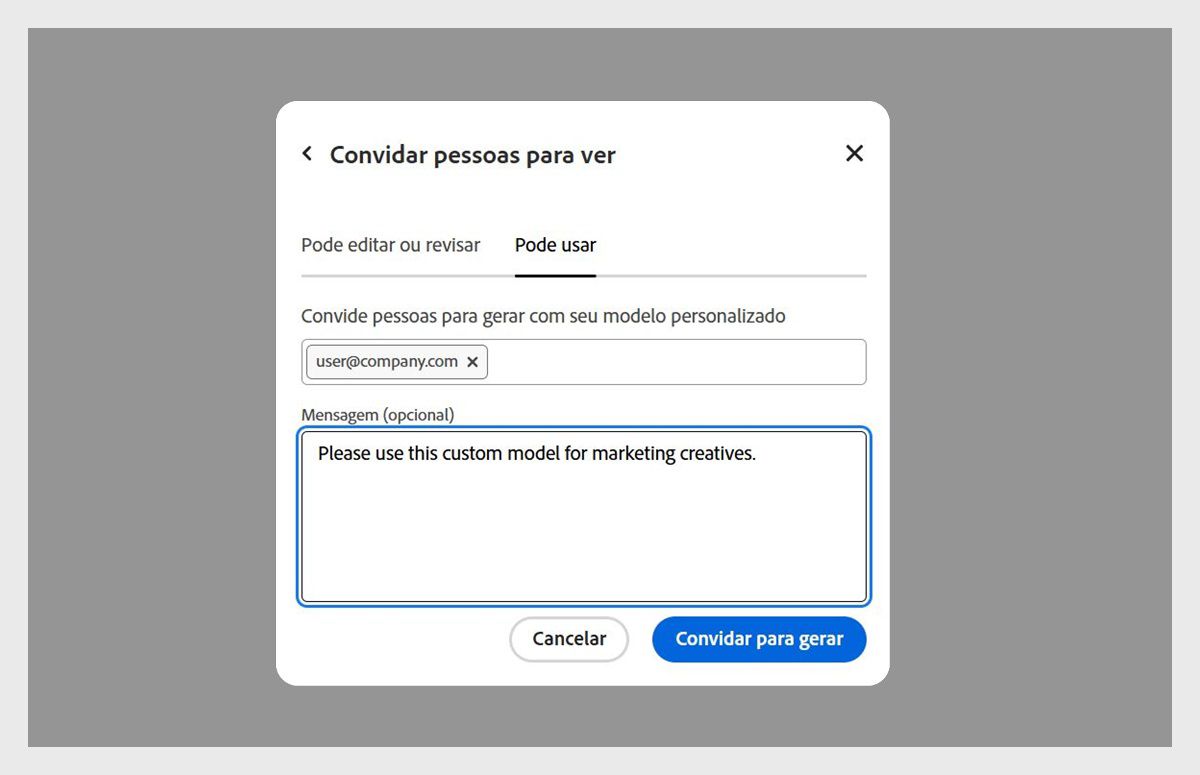 A caixa de diálogo “Convidar pessoas para visualizar” está aberta e, na guia  Pode usar&quot;, há um endereço de e-mail de um usuário que está sendo convidado para acessar o modelo personalizado.