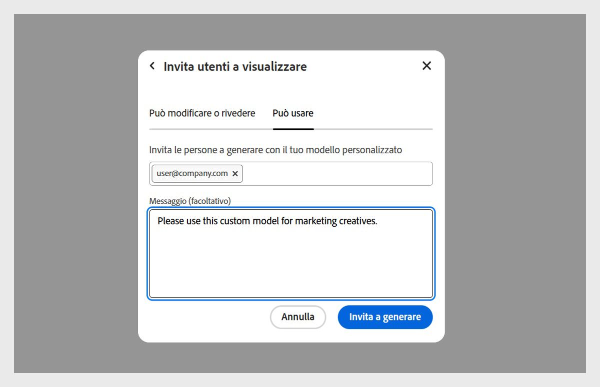 La finestra di dialogo &quot;Invita utenti a visualizzare&quot; è aperta e nella scheda &quot;Può utilizzare&quot; è presente l’indirizzo e-mail di un utente invitato ad accedere al modello personalizzato.