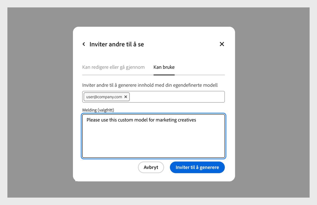 Dialogboksen «Inviter personer til å vise» er åpen, og under fanen «Kan bruke» står e-postadressen til en bruker som er invitert til å få tilgang til den egendefinerte modellen.