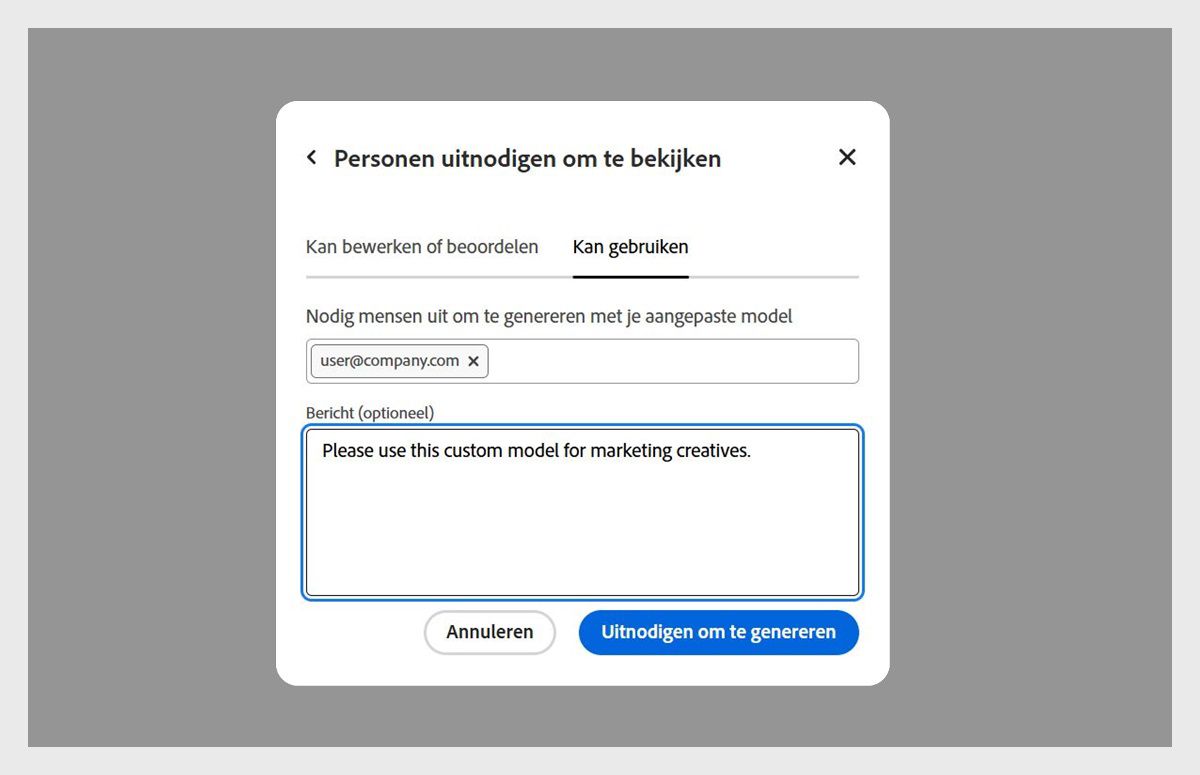 Het dialoogvenster 'Personen uitnodigen voor weergave' is geopend. Onder het tabblad 'Kan gebruiken' zie je een e-mailadres van een gebruiker die wordt uitgenodigd om het aangepaste model te openen.