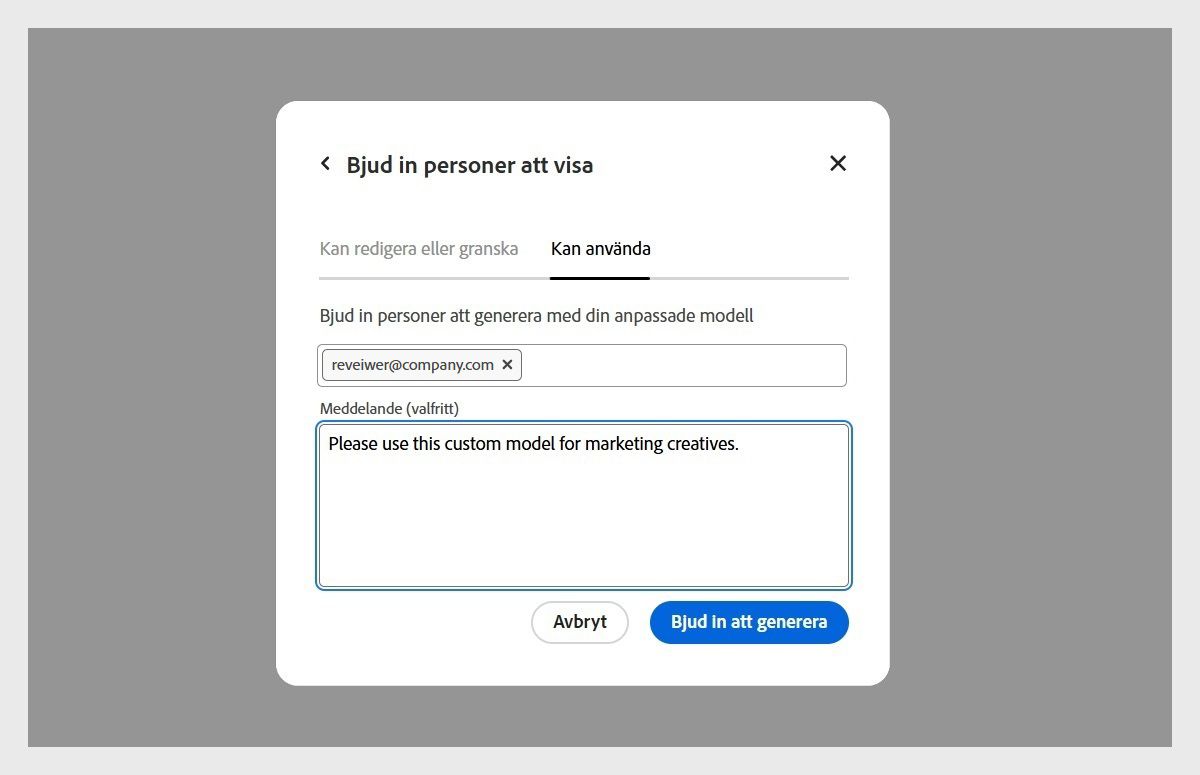 Dialogrutan Bjud in personer att visa är öppen, och under fliken Kan använda finns en e-postadress till en användare som bjuds in för att få åtkomst till den anpassade modellen.