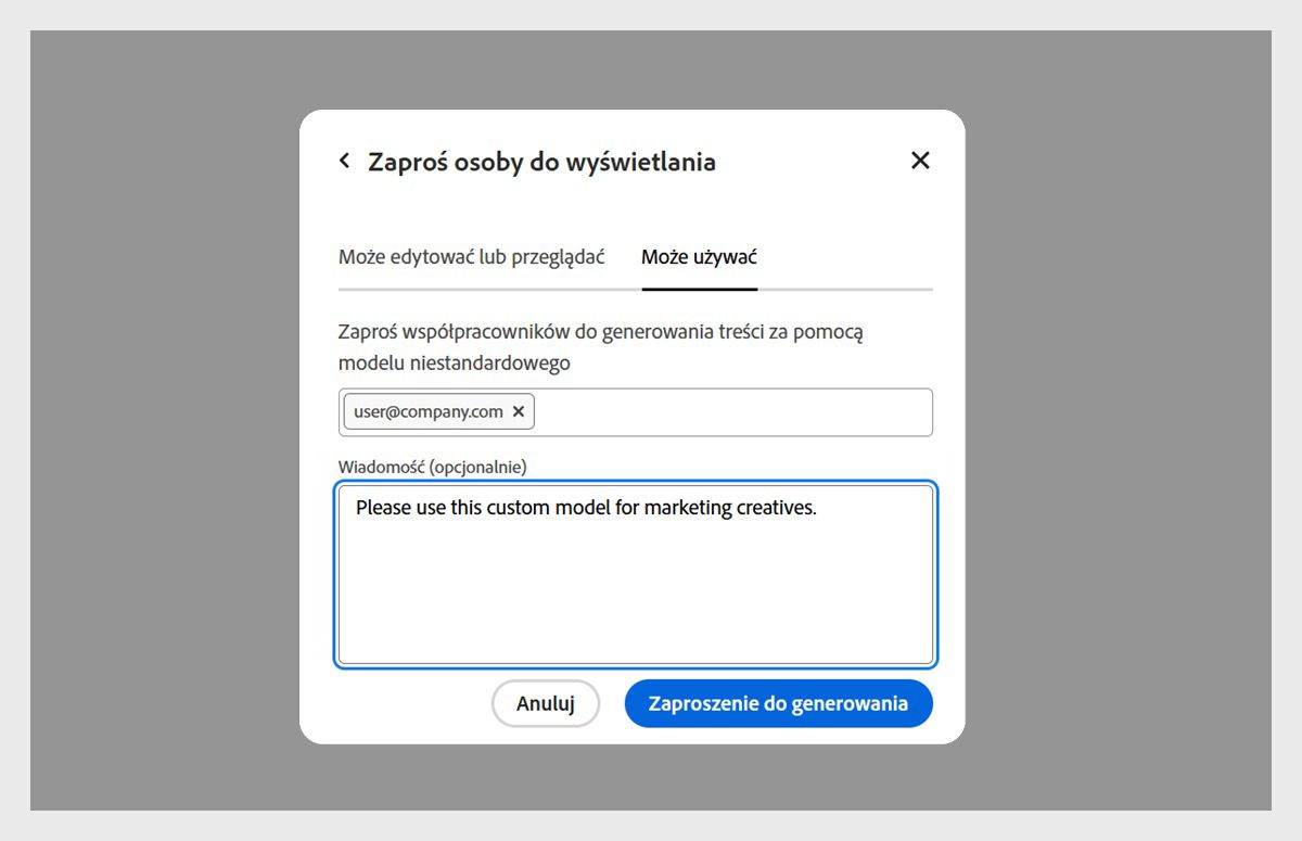 Okno dialogowe „Zaproś osoby do wyświetlenia” jest otwarte, a na karcie „Może używać” znajduje się adres e-mail użytkownika, który jest zapraszany do uzyskania dostępu do modelu niestandardowego.