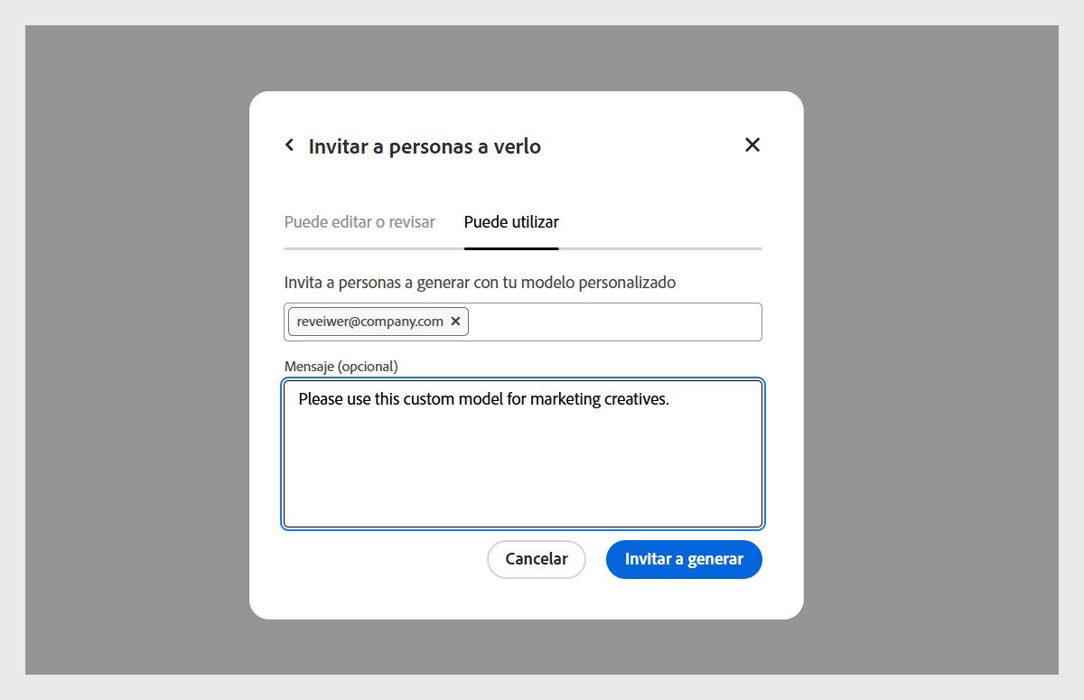 El cuadro de diálogo &quot;Invitar a personas a ver&quot; está abierto y, en la ficha &quot;Puede usar&quot;, hay una dirección de correo electrónico de un usuario al que se ha invitado a acceder al modelo personalizado.