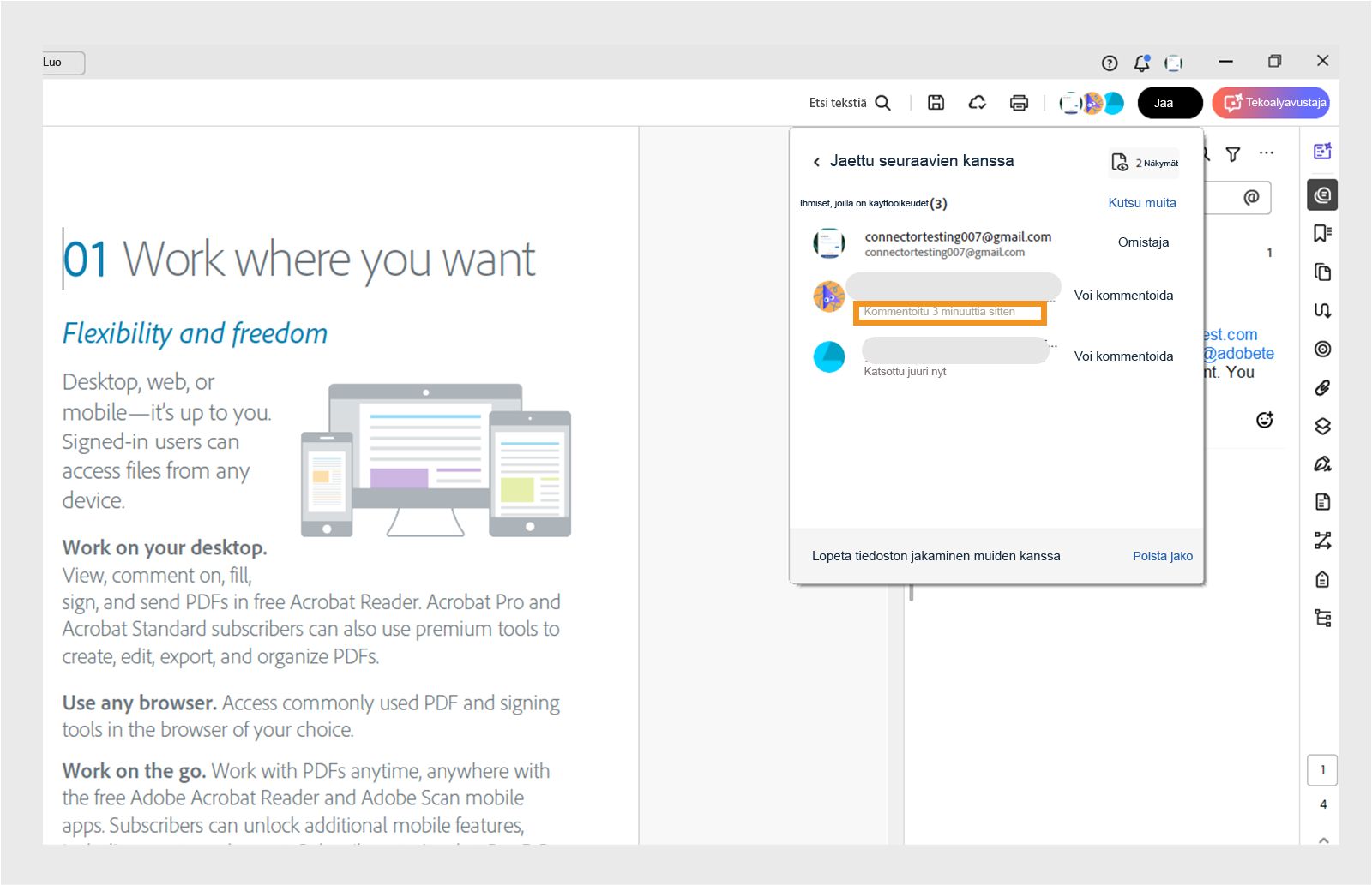 jaa-valintaikkuna, jossa on käyttäjien luettelo ja heidän viimeisin toimintansa 