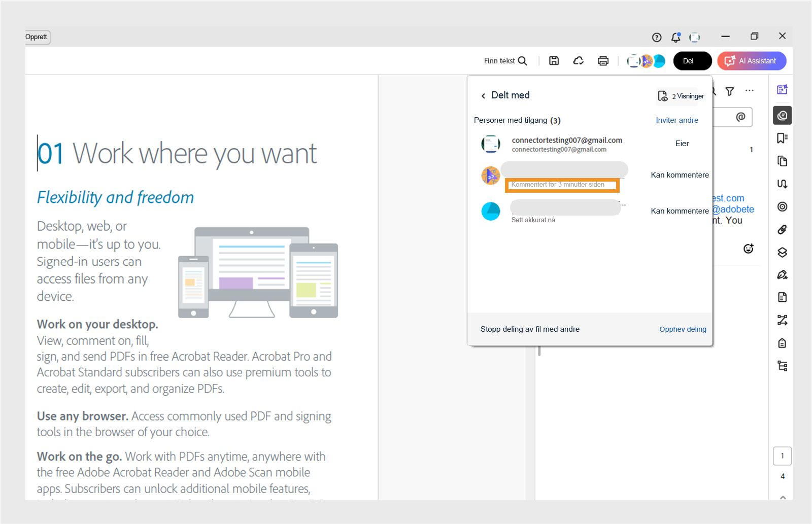 Del-dialogboks som viser listen over brukere og deres nylige handlinger 