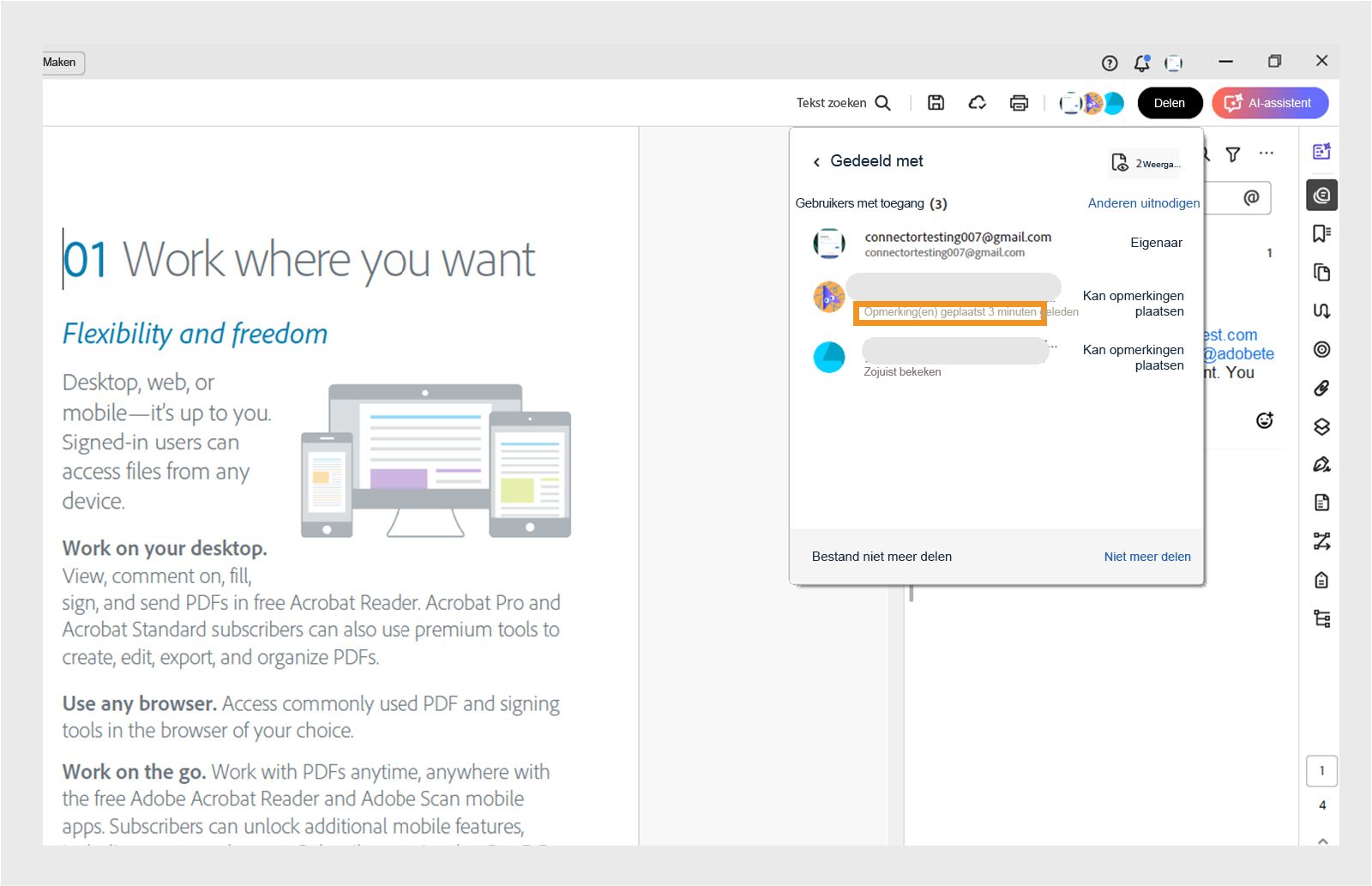 Dialoogvenster Delen met de lijst met gebruikers en hun recente acties 